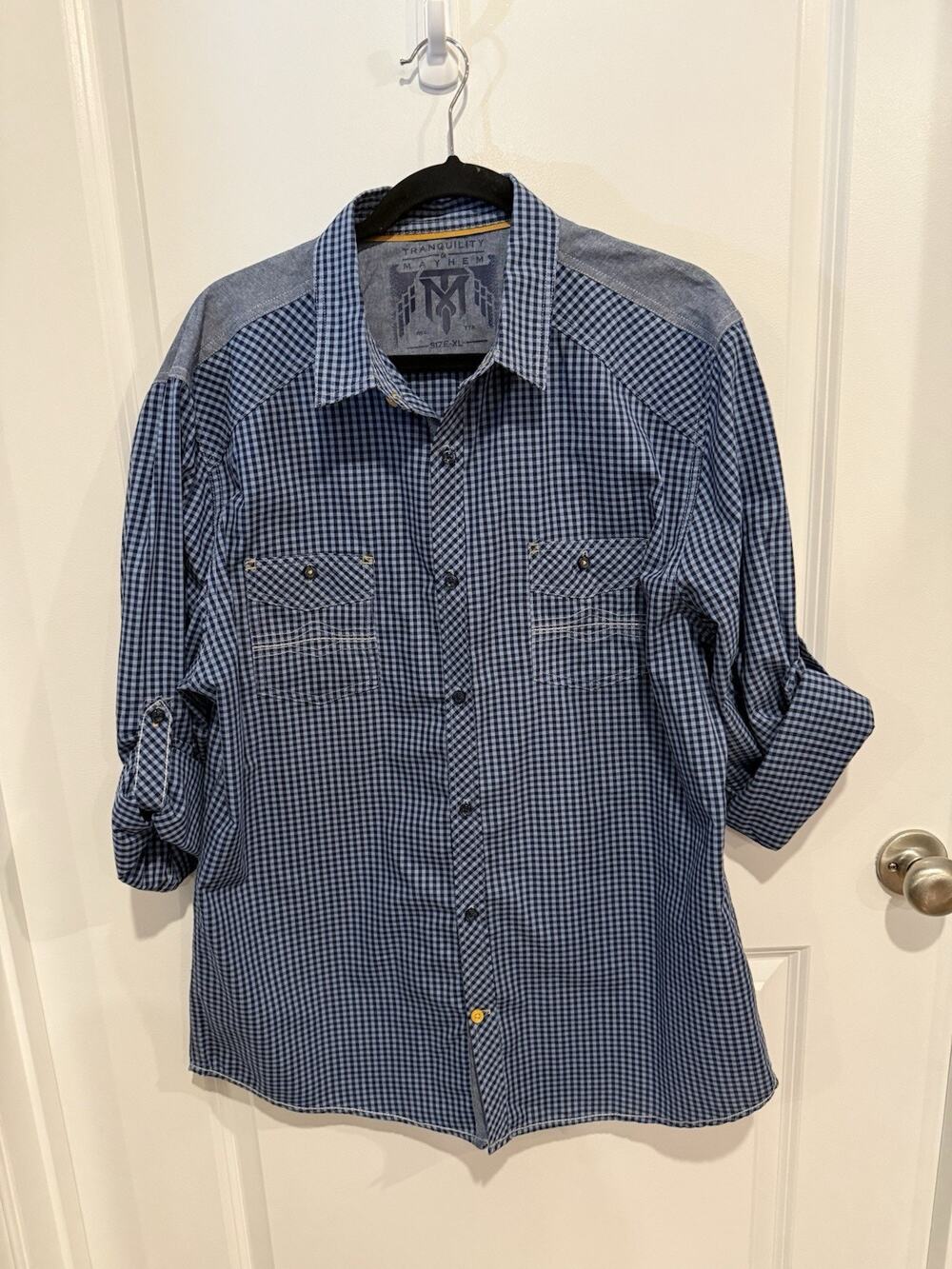 Tranquility Mayhem Shirt Mens X-Large Button Up Blue White Check Roll Tab Sleeve